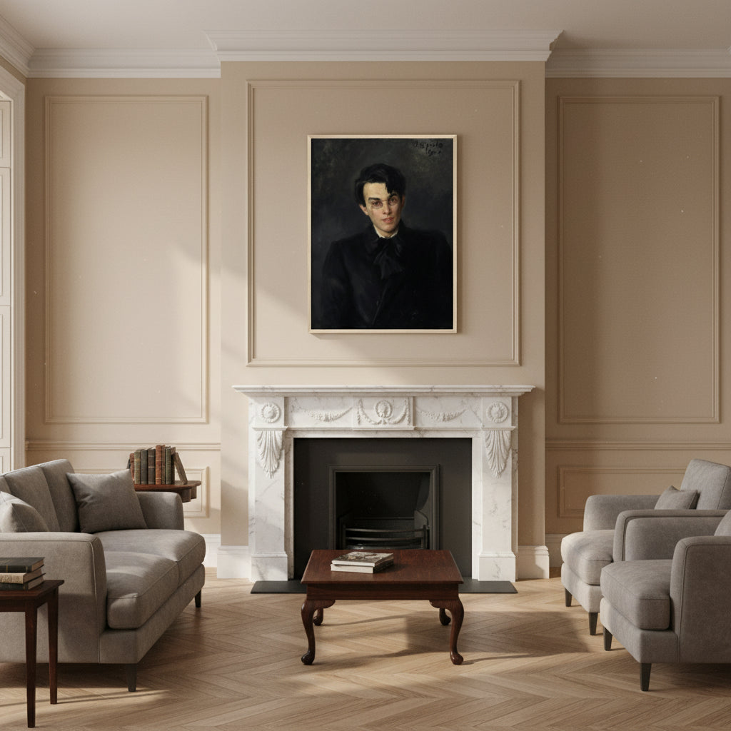 Traditional Dublin townhouse interior with ivory plaster walls, marble fireplace, and Yeats portrait in natural oak frame above the mantel; soft diffused daylight, subtle heritage tones.
