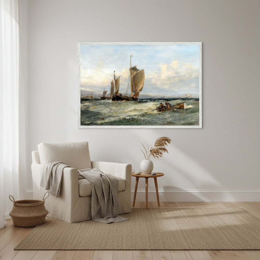 Trawlers Leaving Port by Edwin Hayes – framed art print in white wood frame, 60×90 cm. Gallery-style interior with white-framed nautical artwork ‘Trawlers Leaving Port’ by Edwin Hayes, clean Scandinavian room, soft textures, sea-inspired palette, premium print clarity.