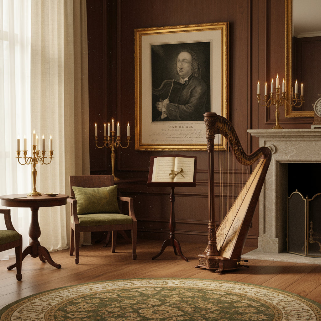 Turlough O’Carolan framed art print in elegant music room with Irish harp, natural light and classical interior styling