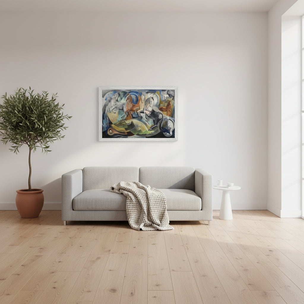 White-framed Achill Horses print hung in a bright Scandinavian-style interior with white walls, natural wood floors, wool throw, and potted olive tree; clean lines and calming natural light.