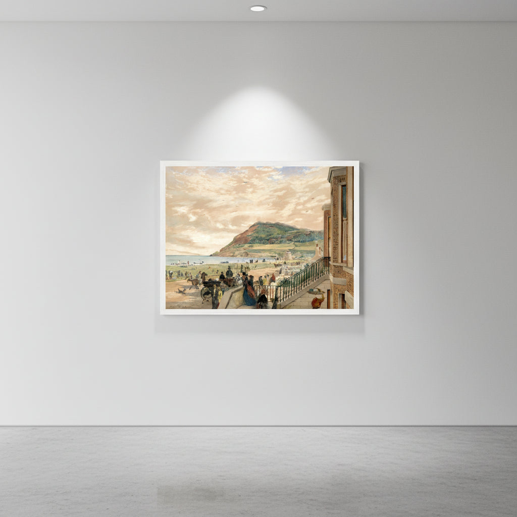 White-framed Bray coastal artwork displayed in gallery-style hallway with spotlighting and polished concrete floor.