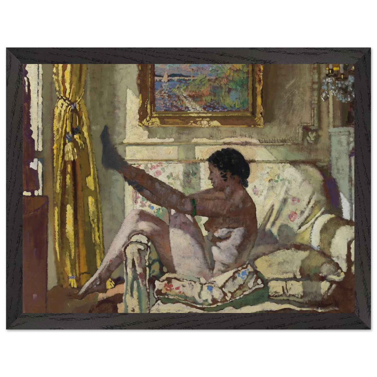 William Orpen Sunlight framed art print, nude woman on floral sofa in sunlit interior, black wooden gallery frame, 30x40 cm.