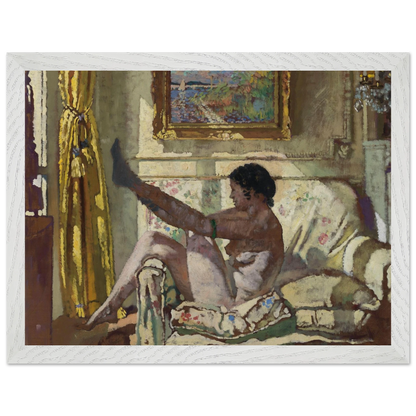 William Orpen Sunlight framed art print, sunlit interior with nude figure and yellow curtain, white wooden frame, 30x40 cm.