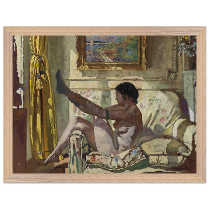 William Orpen Sunlight framed art print, warm-toned interior with nude woman adjusting stocking, natural wood frame, 30x40 cm.