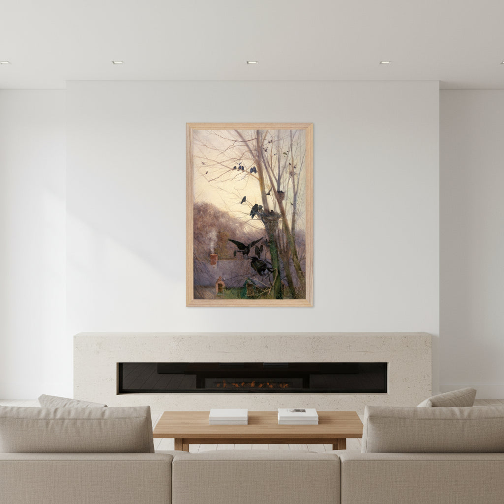 Oak/Wood frame: Shades of Evening in natural oak gallery frame with plexiglass glazing. Contemporary minimalist living room: 60×90 cm Oak Gallery frame on gallery-white wall, limestone hearth, linen sofa, low oak coffee table, discrete ceiling spotlights.