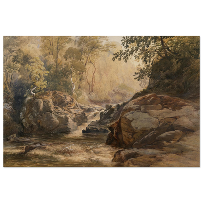 unframed reproduction print of A Glen by Henry Newton, National Gallery of Ireland  gallery edition print, Irish landscape with rocks and woodland stream