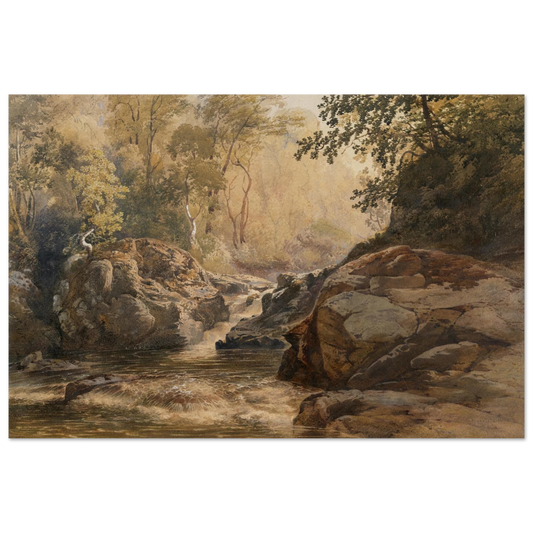 unframed reproduction print of A Glen by Henry Newton, National Gallery of Ireland  gallery edition print, Irish landscape with rocks and woodland stream