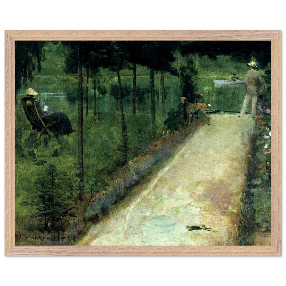 A Grey Summer's Day, Grez by Sir John Lavery in a natural oak frame, green summer garden