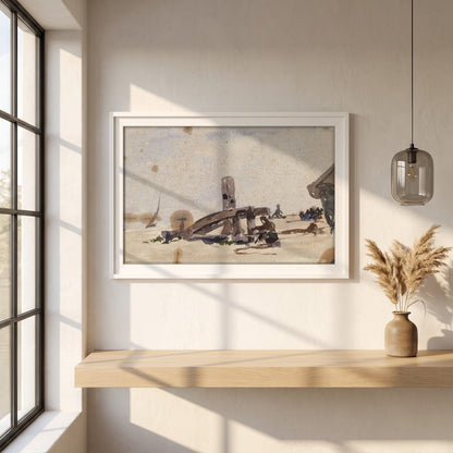 A Kneeling Man on the Beach framed print in a white frame on a plaster wall above an oak worktop in a bright Scandinavian kitchen