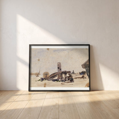 A Kneeling Man on the Beach framed print in a black frame leaning against a white plaster wall on oak floorboards in morning light