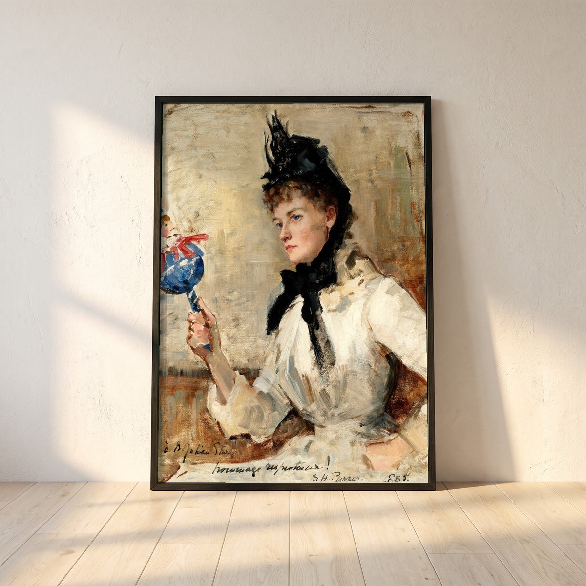 A Lady Holding a Rattle framed print in a black frame leaning against a white plaster wall on oak floorboards in morning light