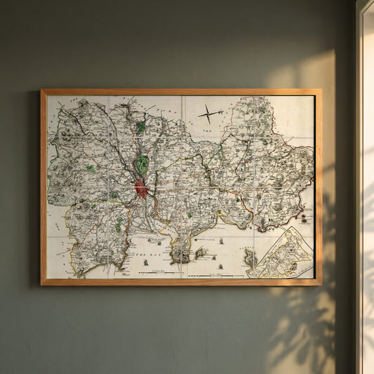 Map of County Dublin framed print in a natural oak frame on a dark green wall beside a window, dappled plant shadow