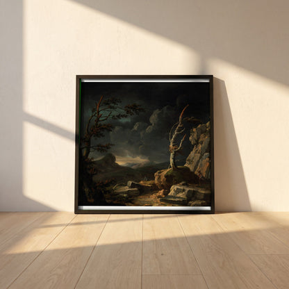 A Stormy Landscape framed print in a black frame leaning against a white plaster wall on oak floorboards in morning light