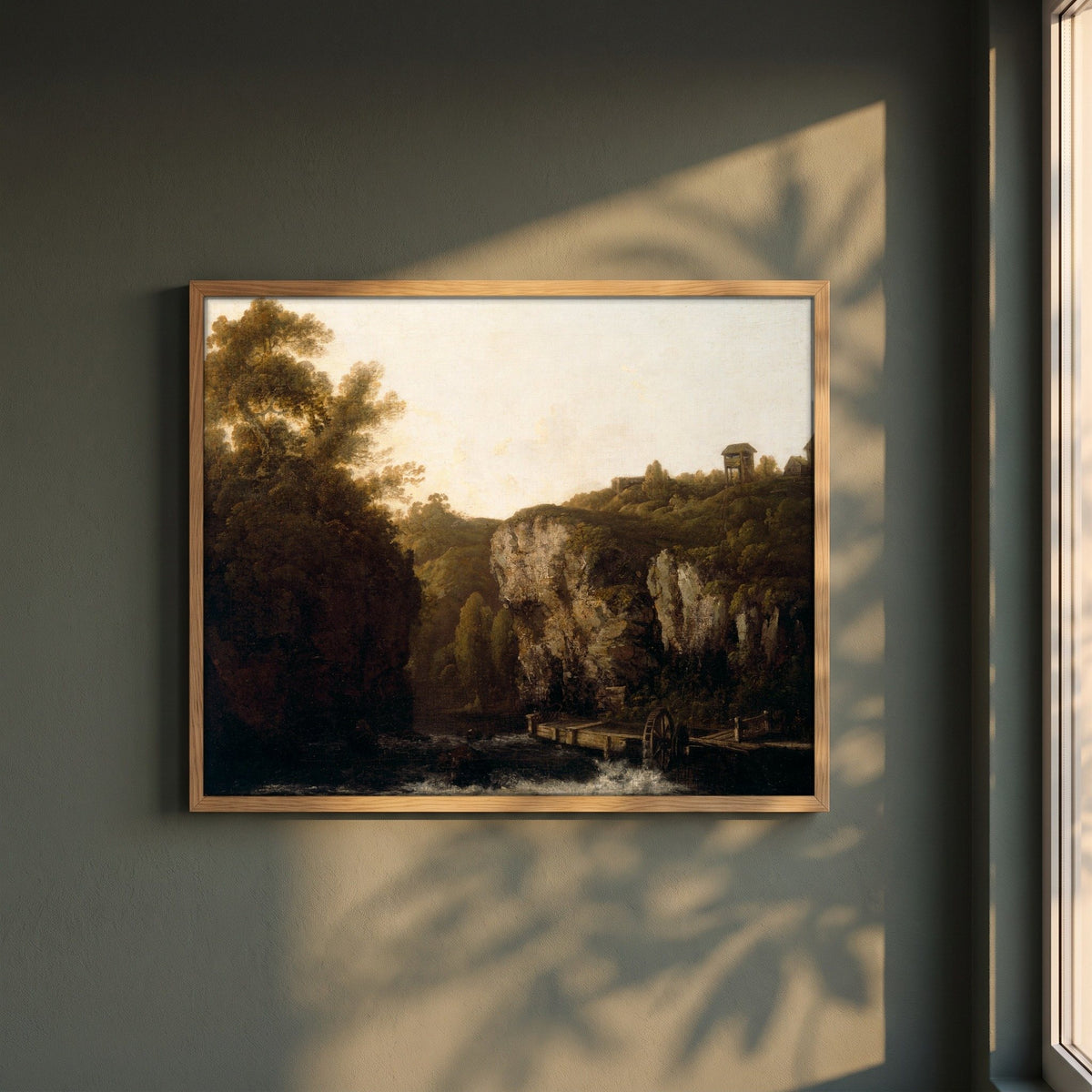 A View near Avoca framed print in a natural oak frame on a dark green wall beside a window, dappled plant shadow