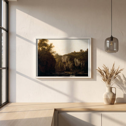A View near Avoca framed print in a white frame on a plaster wall above an oak worktop in a bright Scandinavian kitchen