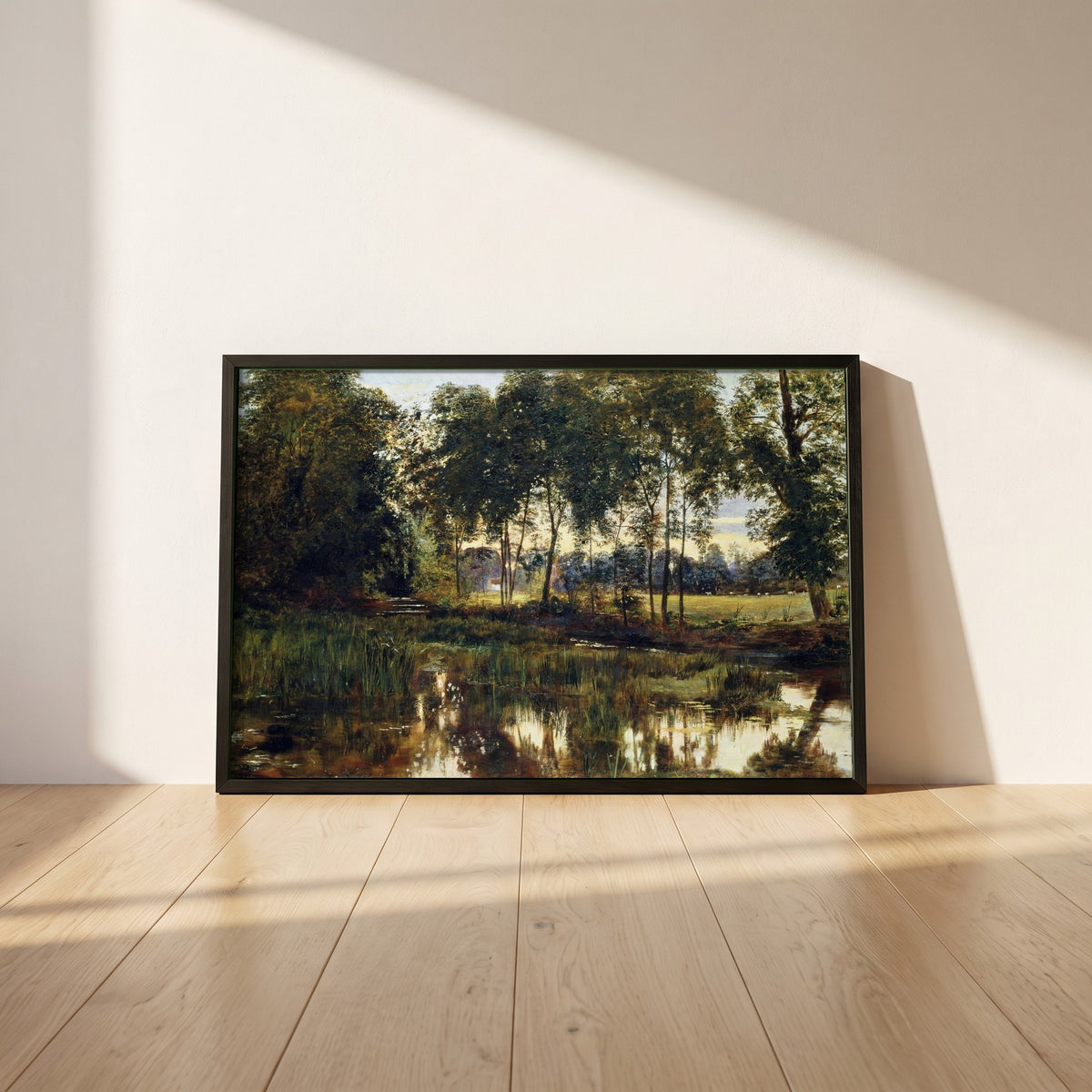 A View of Rye Water near Leixlip framed print in a black frame leaning against a white plaster wall on oak floorboards in morning light