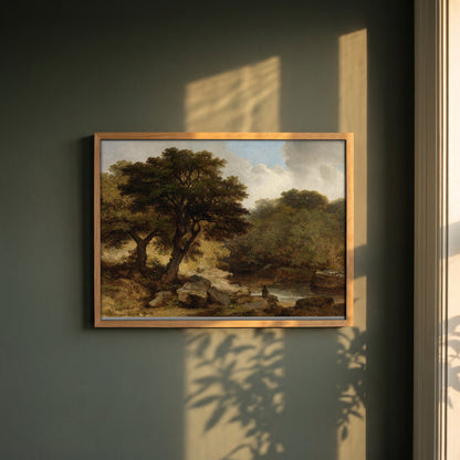 Glen of the Dargle by James Arthur O'Connor framed print in a natural oak frame on a dark green wall beside a window, dappled plant shadow