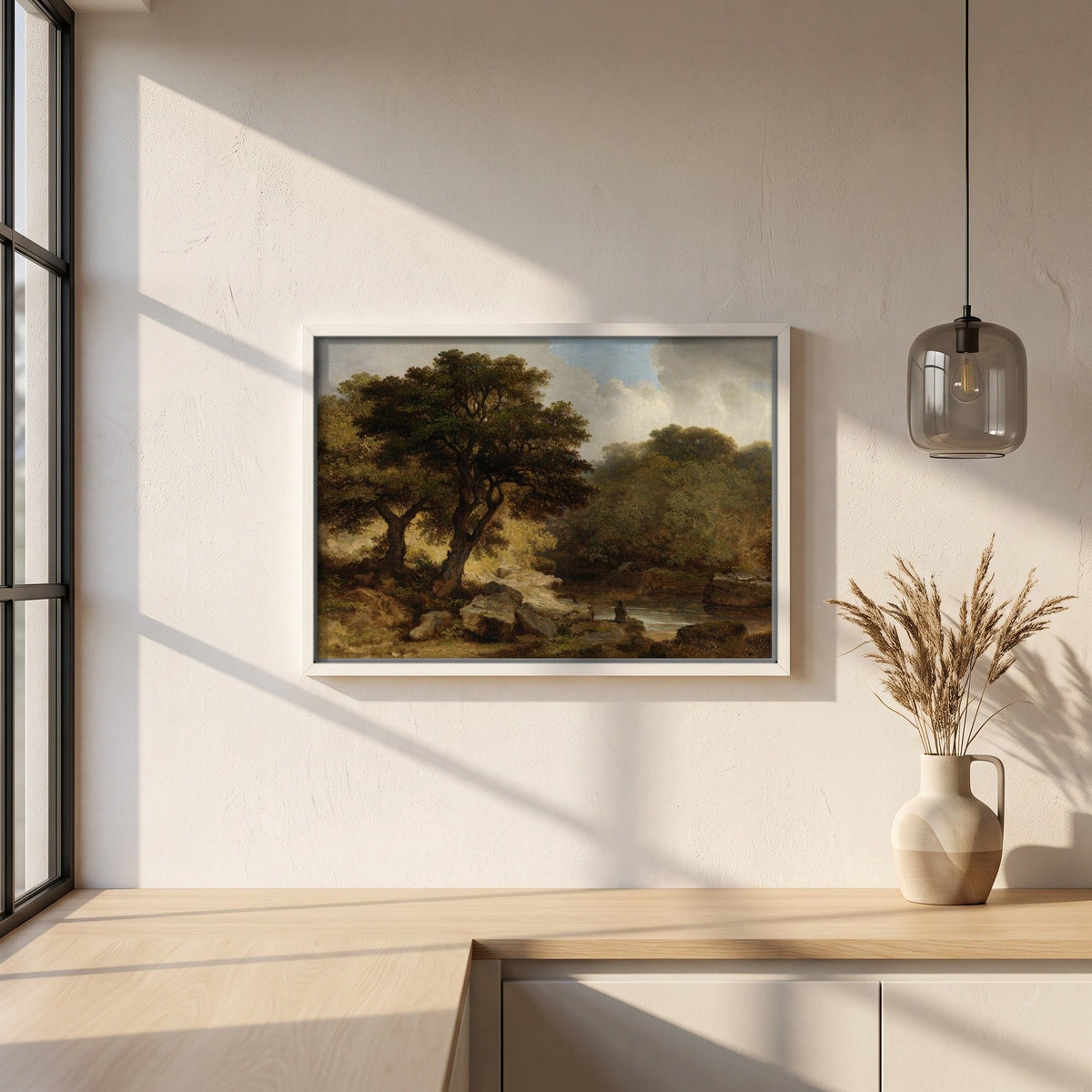Glen of the Dargle by James Arthur O'Connor framed print in a white frame on a plaster wall above an oak worktop in a bright Scandinavian kitchen