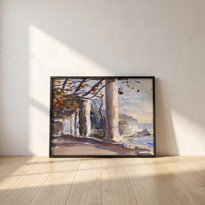A Vine Pergola on Amalfi, Italy framed print in a black frame leaning against a white plaster wall on oak floorboards in morning light