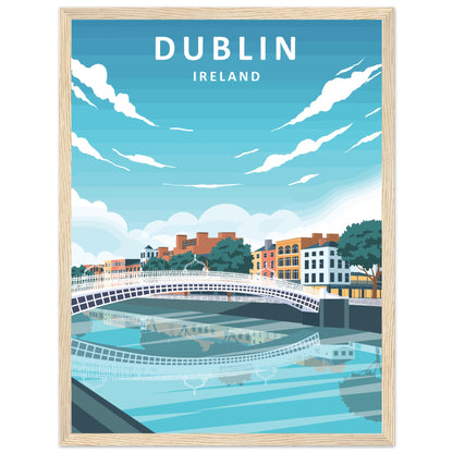 Dublin retro travel poster, footbridge and colourful quays, in a light oak frame