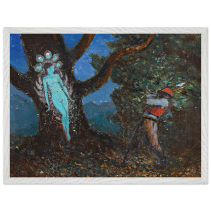 The Woodchopper and The Tree Spirit by George Russell (Æ) in a white frame, turquoise spirit in an old tree