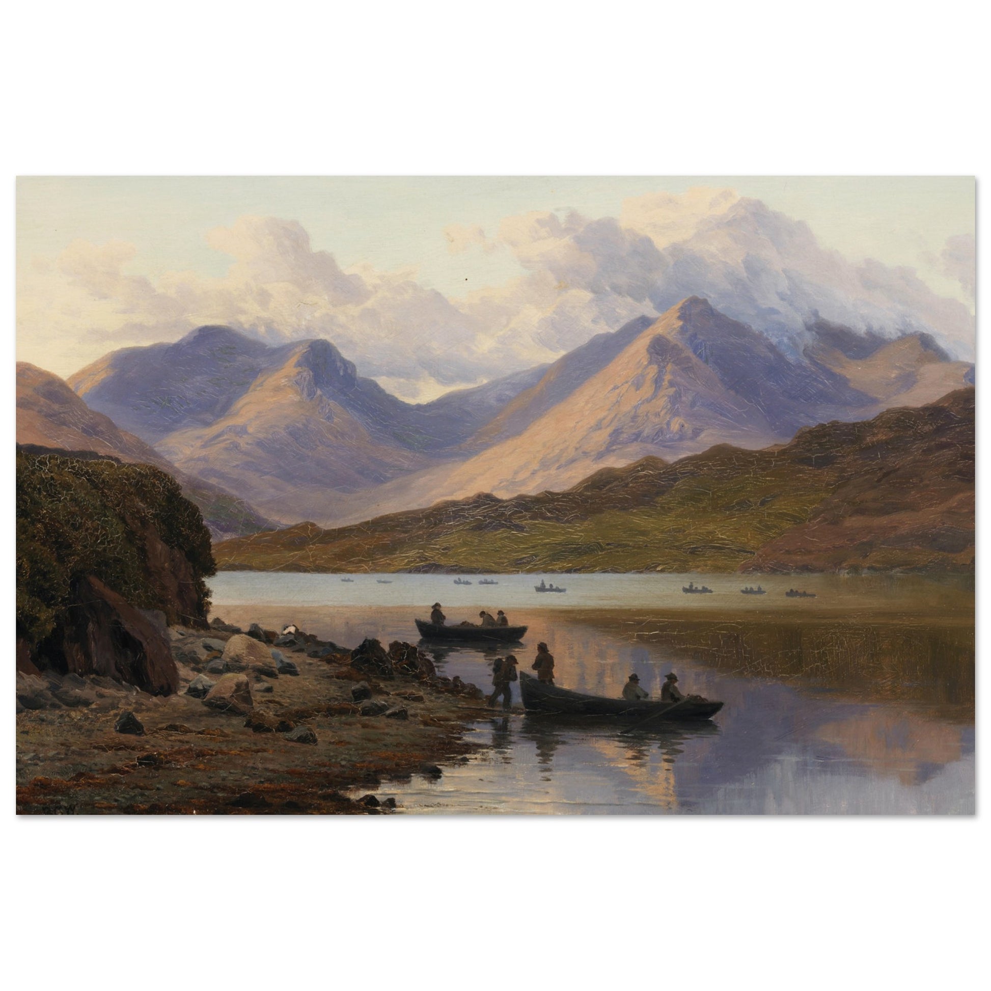 A View of the Killaries, from Leenane – high-quality framed print of Bartholomew Colles Watkins’ Irish landscape painting, showing Killary Fjord, Connemara mountains, and fishermen on calm waters