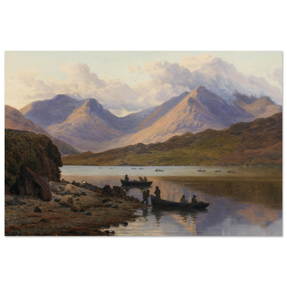 A View of the Killaries, from Leenane – high-quality framed print of Bartholomew Colles Watkins’ Irish landscape painting, showing Killary Fjord, Connemara mountains, and fishermen on calm waters