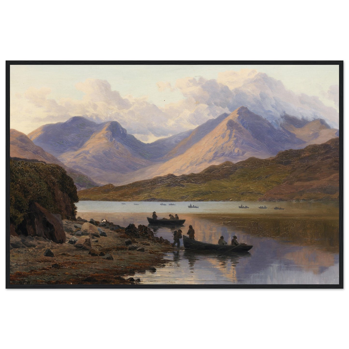 Scenic painting of a lake with mountains and people in boats. Framed archival print of A View of the Killaries, from Leenane by Bartholomew Colles Watkins, capturing Ireland’s scenic fjord, tranquil waters, and rugged Connemara mountains