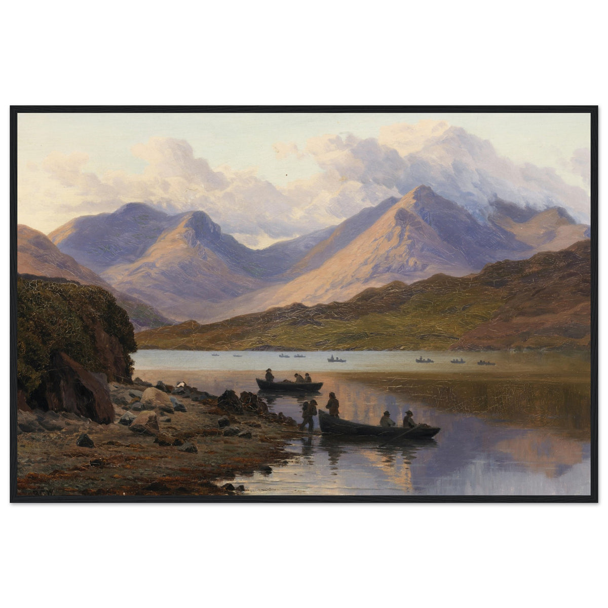 Scenic painting of a lake with mountains and people in boats. Framed archival print of A View of the Killaries, from Leenane by Bartholomew Colles Watkins, capturing Ireland’s scenic fjord, tranquil waters, and rugged Connemara mountains