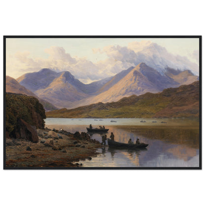 Scenic painting of a lake with mountains and people in boats. Framed archival print of A View of the Killaries, from Leenane by Bartholomew Colles Watkins, capturing Ireland’s scenic fjord, tranquil waters, and rugged Connemara mountains