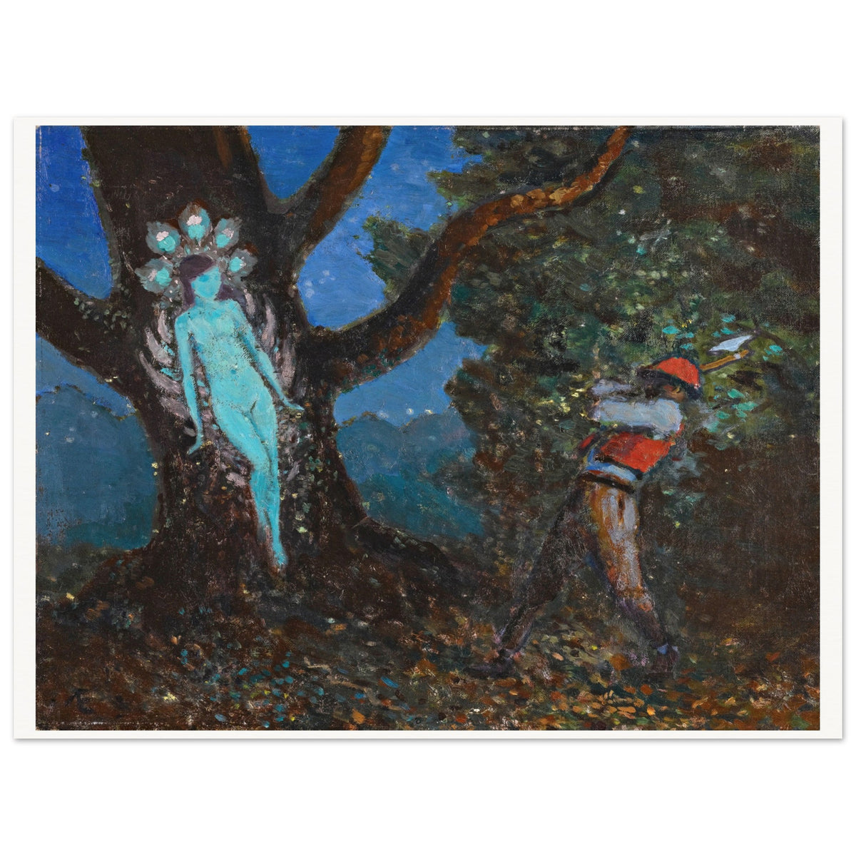 The Woodchopper and The Tree Spirit by George Russell (Æ) unframed with white border, pale blue spirit in a night forest