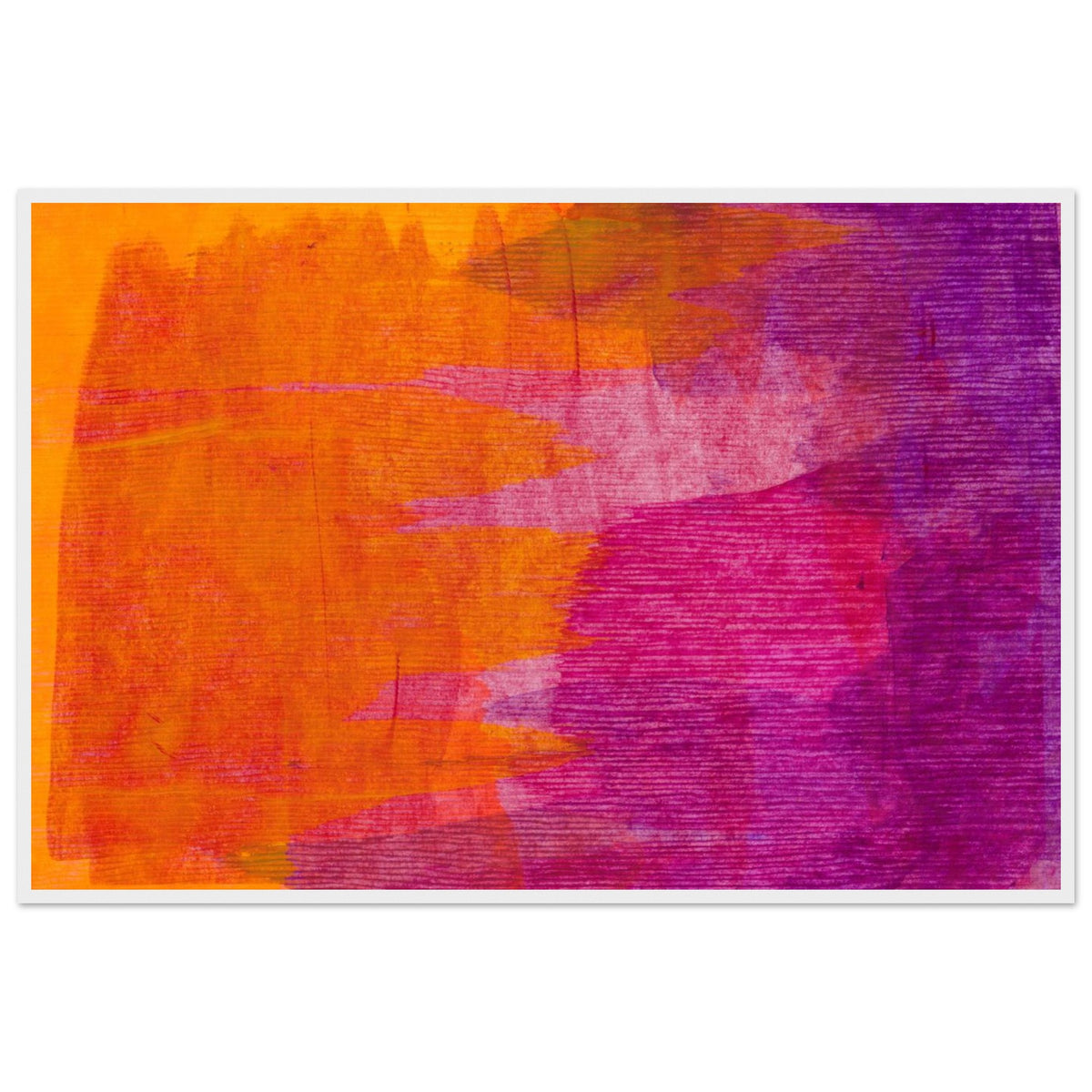 Abstract modern painting of layered orange, pink and violet textures, unframed print with white edge