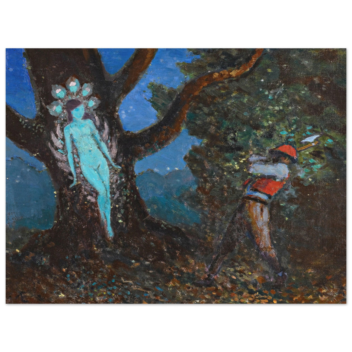 The Woodchopper and The Tree Spirit by George Russell (Æ) unframed print, turquoise spirit in an old tree