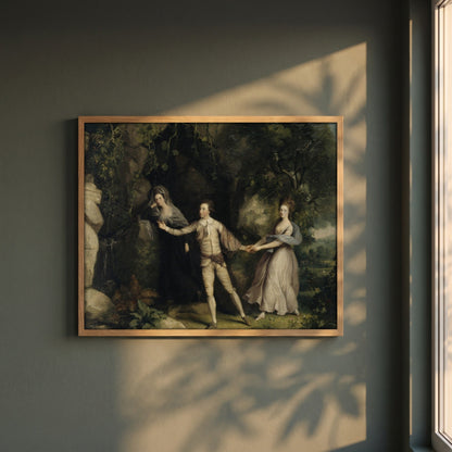 Actor Between the Muses framed print in a natural oak frame on a dark green wall beside a window, dappled plant shadow