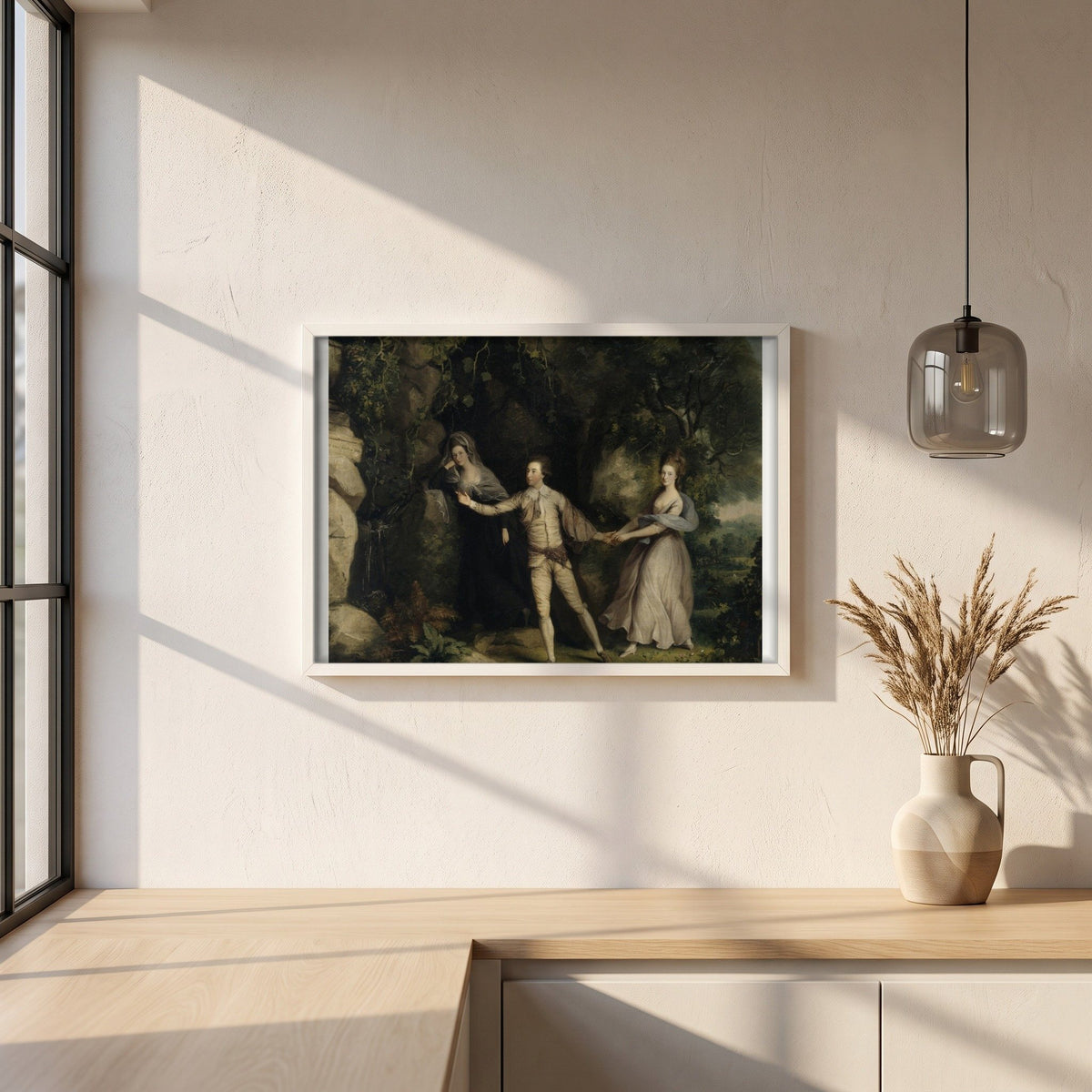 Actor Between the Muses framed print in a white frame on a plaster wall above an oak worktop in a bright Scandinavian kitchen