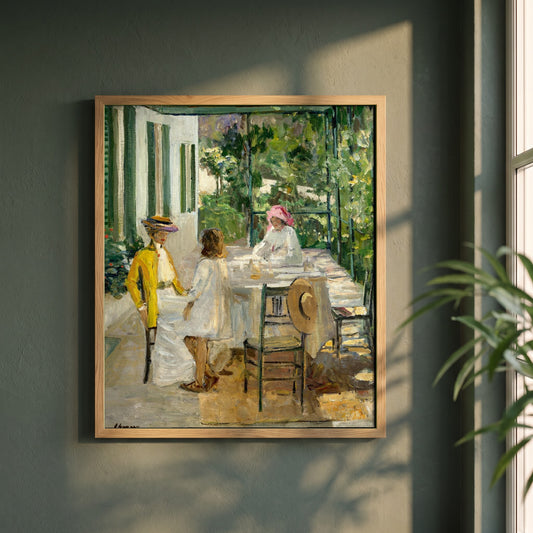 After Breakfast, Tangier framed print in a natural oak frame on a dark green wall beside a window, dappled plant shadow