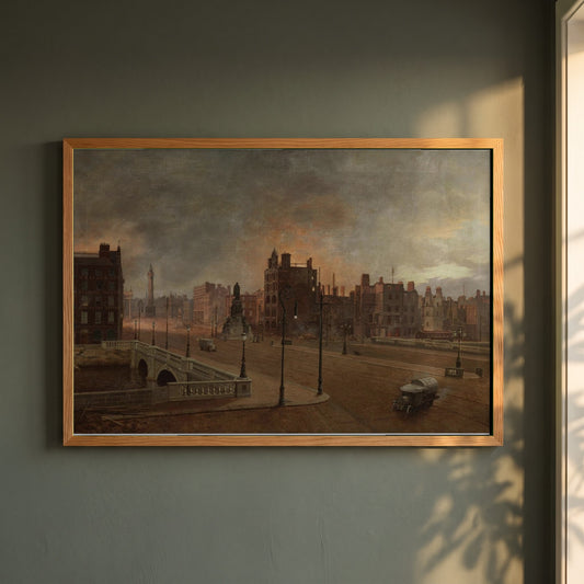 After the Bombardment framed print in a natural oak frame on a dark green wall beside a window, dappled plant shadow