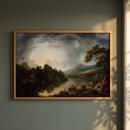 An Extensive Wooded River Landscape with Fishermen framed print in a natural oak frame on a dark green wall beside a window, dappled plant shadow