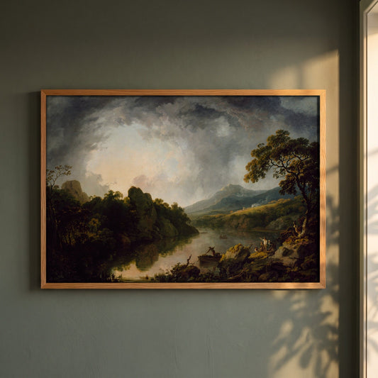 An Extensive Wooded River Landscape with Fishermen framed print in a natural oak frame on a dark green wall beside a window, dappled plant shadow
