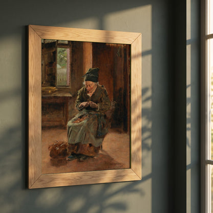 An Interior of a Breton Cottage framed print in a natural oak frame on a dark green wall beside a window, dappled plant shadow