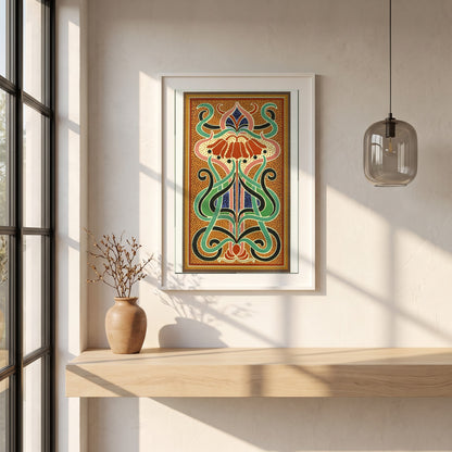 Peacock's Plumage Analysis framed print in a white frame on a plaster wall above an oak worktop in a bright Scandinavian kitchen