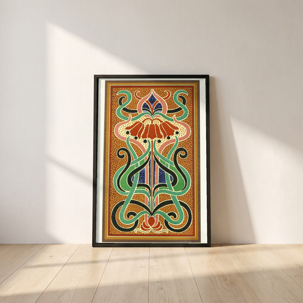 Peacock's Plumage Analysis framed print in a black frame leaning against a white plaster wall on oak floorboards in morning light