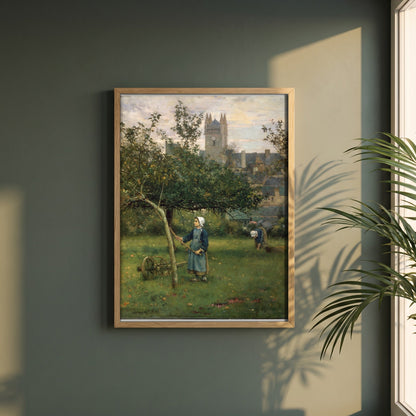 Apple Gathering, Quimperlé framed print in a natural oak frame on a dark green wall beside a window, dappled plant shadow