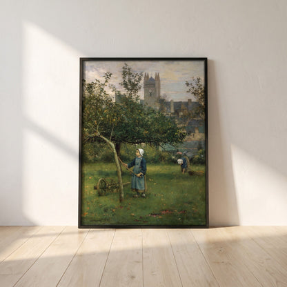 Apple Gathering, Quimperlé framed print in a black frame leaning against a white plaster wall on oak floorboards in morning light