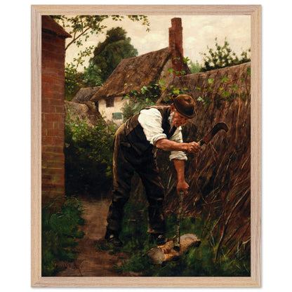 Preparing for Winter by Aloysius O'Kelly in an oak frame, man with a sickle by a thatched cottage
