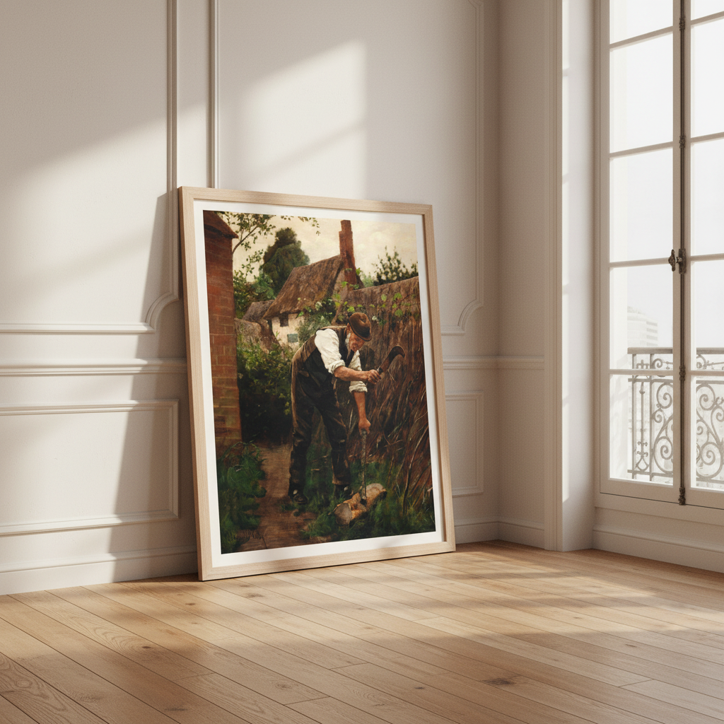 Preparing for Winter by Aloysius O'Kelly in a white frame leaning in a panelled room on a wooden floor