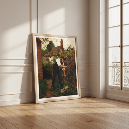 Preparing for Winter by Aloysius O'Kelly in a white frame leaning in a panelled room on a wooden floor