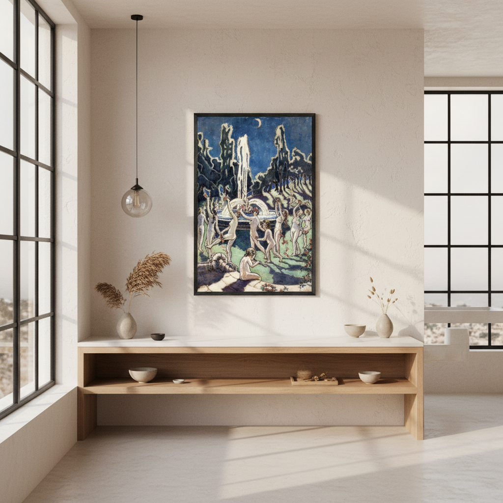 Nudes Dancing Round a Fountain by Mainie Jellett - framed print in a room setting
