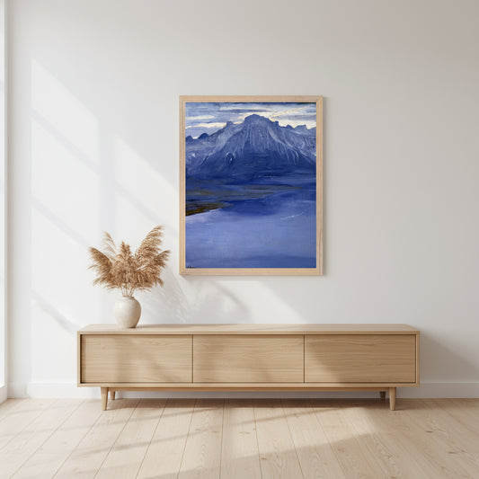 Minimalist Scandinavian interior with white walls, oak sideboard and dried flowers; Twilight, Lake Geneva framed in natural wood as the focal artwork.