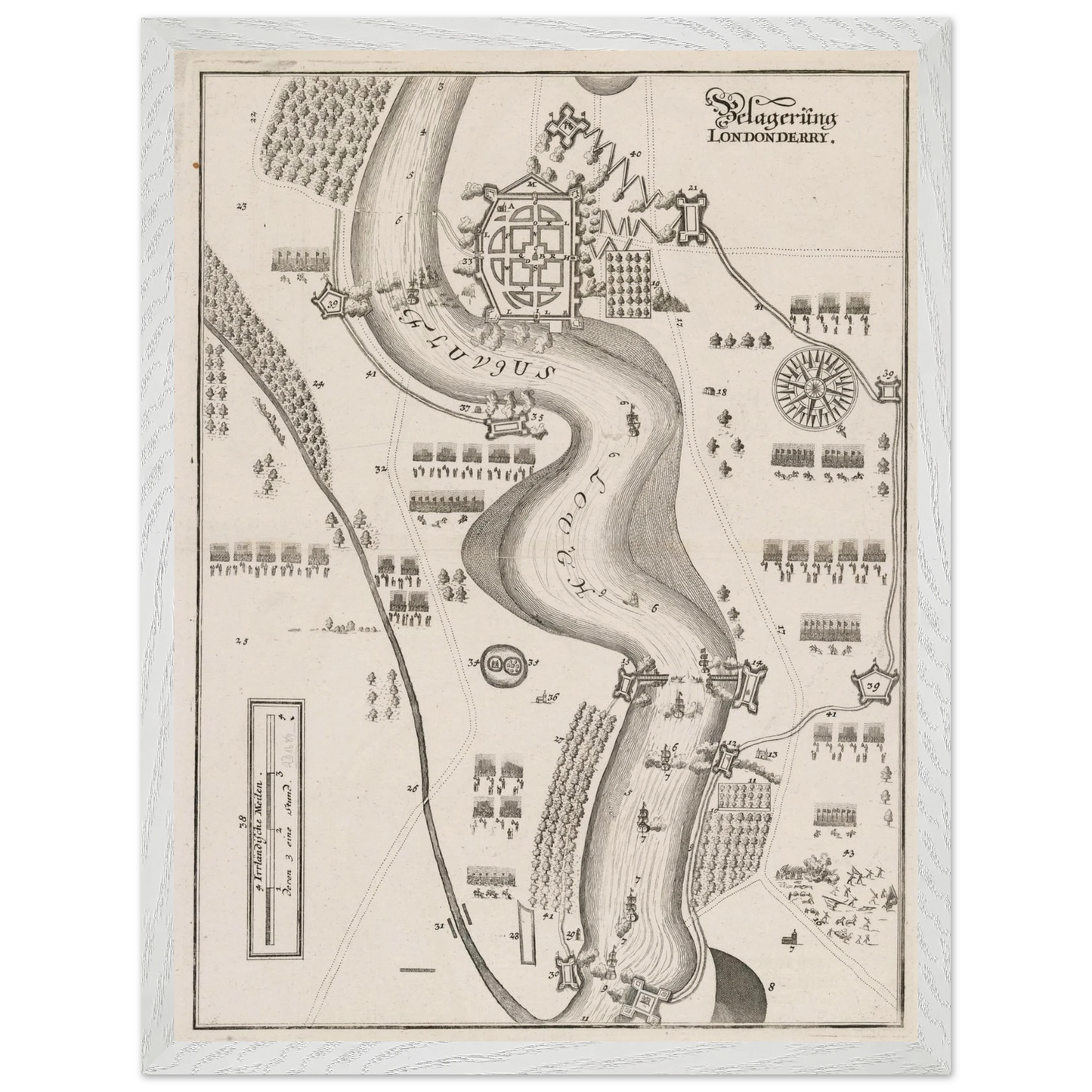 The Siege of Derry 1689 map print shown in a white frame as Irish history wall art